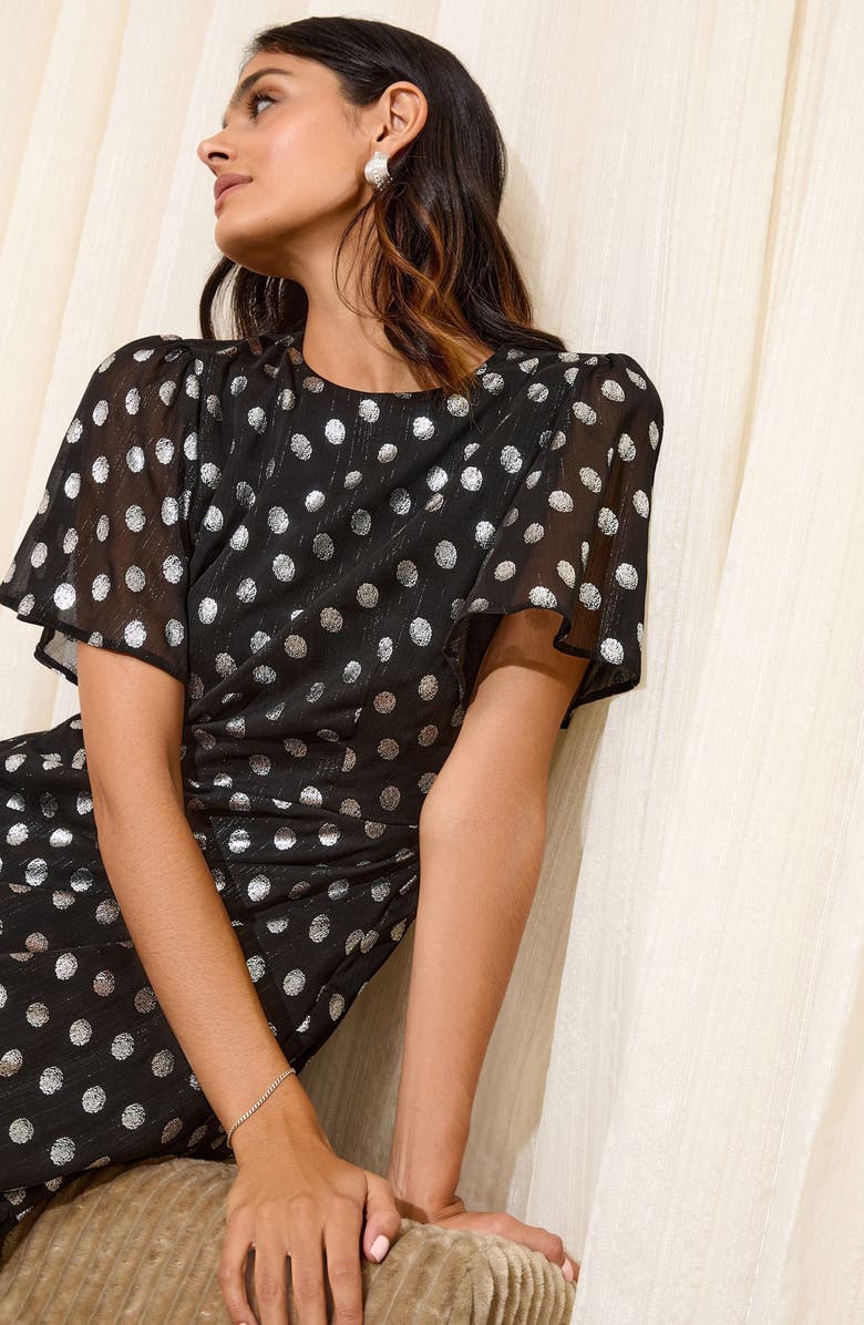 Friends Like These Foil Polka Dot Chiffon Maxi Cocktail Dress, Alternate, color, Black
