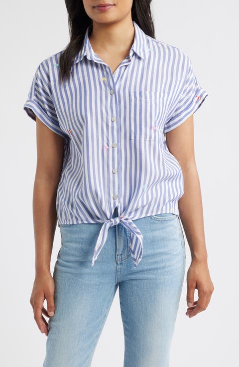 Rosie Embroidered Tie Front Short Sleeve Button-Up Shirt