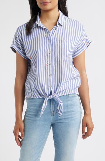 Beachlunchlounge Rosie Embroidered Tie Front Short Sleeve Button-up Shirt
