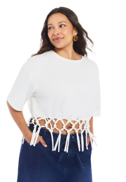 Fringe Trim Cropped Crewneck Tee (plus)