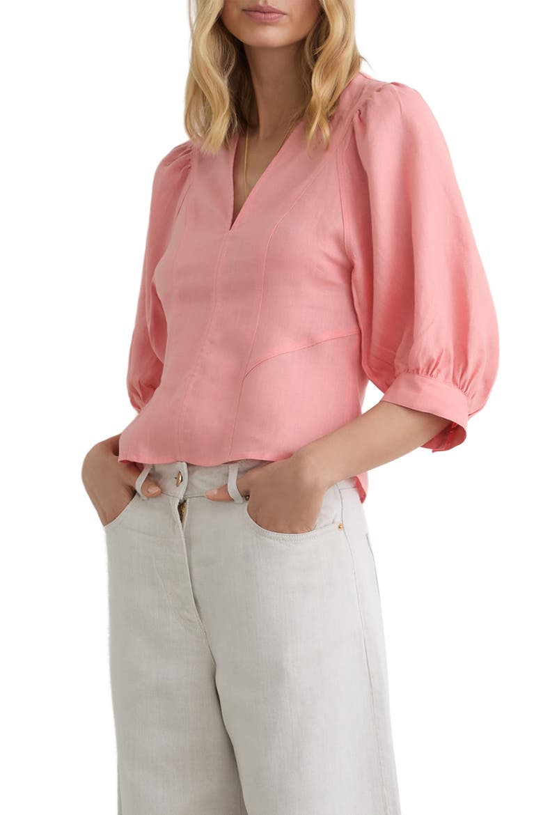 Evie Puff Sleeve Linen Top, Main, color, CORAL PINK