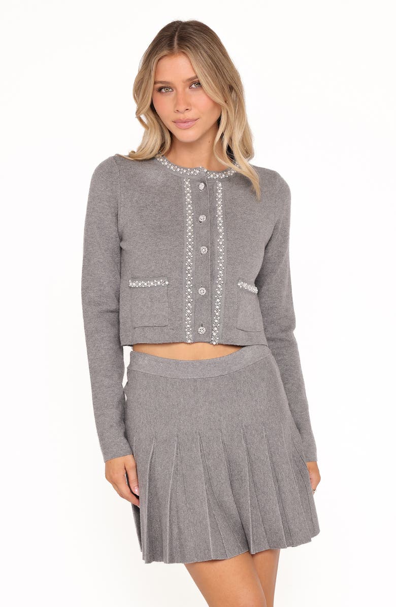 Petal & Pup Lumi Embellished Cardigan & Pleated Miniskirt Set, Alternate, color, Grey