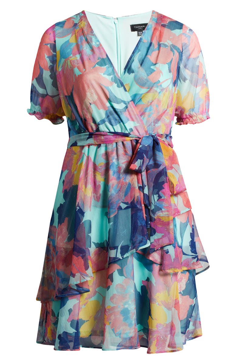 Tahari ASL Floral Shadow Stripe Short Sleeve Faux Wrap Dress, Alternate, color, Seafoam Multi