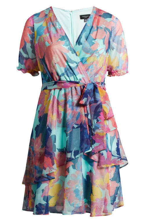 Tahari Asl Floral Shadow Stripe Short Sleeve Faux Wrap Dress In Seafoam Multi