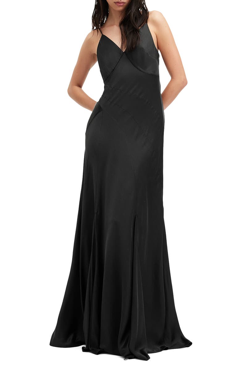 AllSaints Lili Paneled Satin Maxi Slipdress, Main, color, 