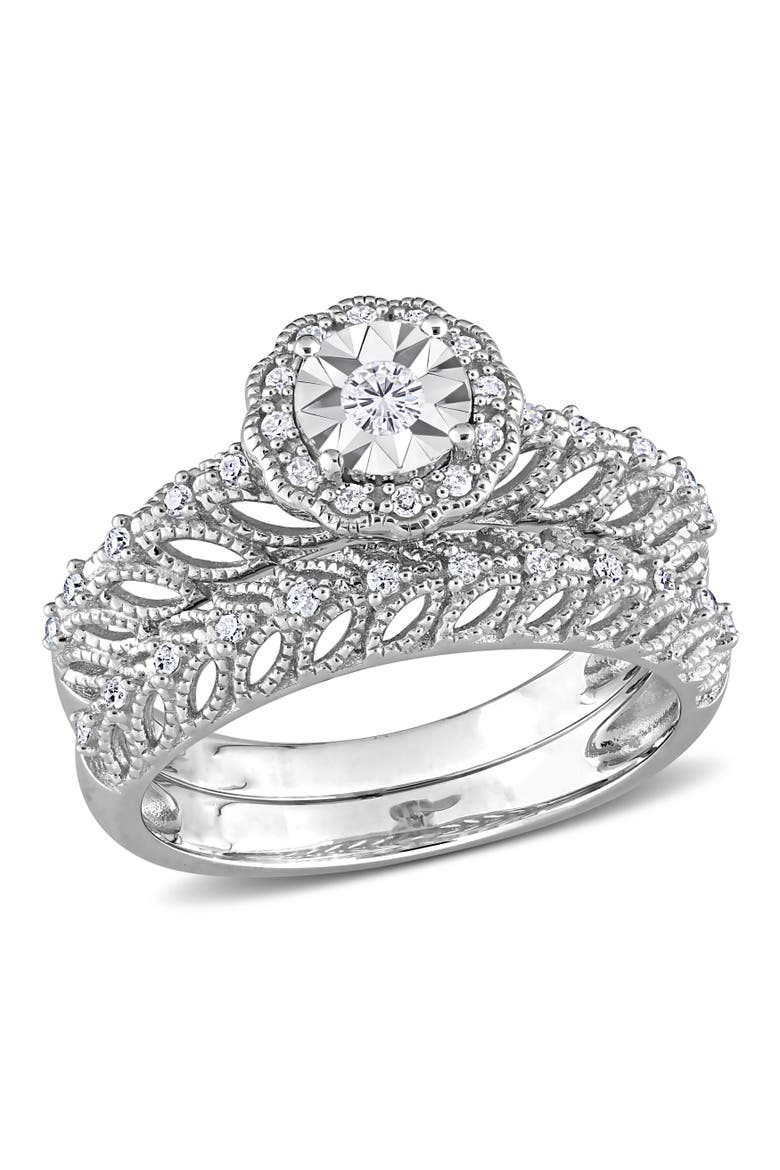 Diamond Floral Halo Bridal Ring Set, Main, color, Sterling Silver