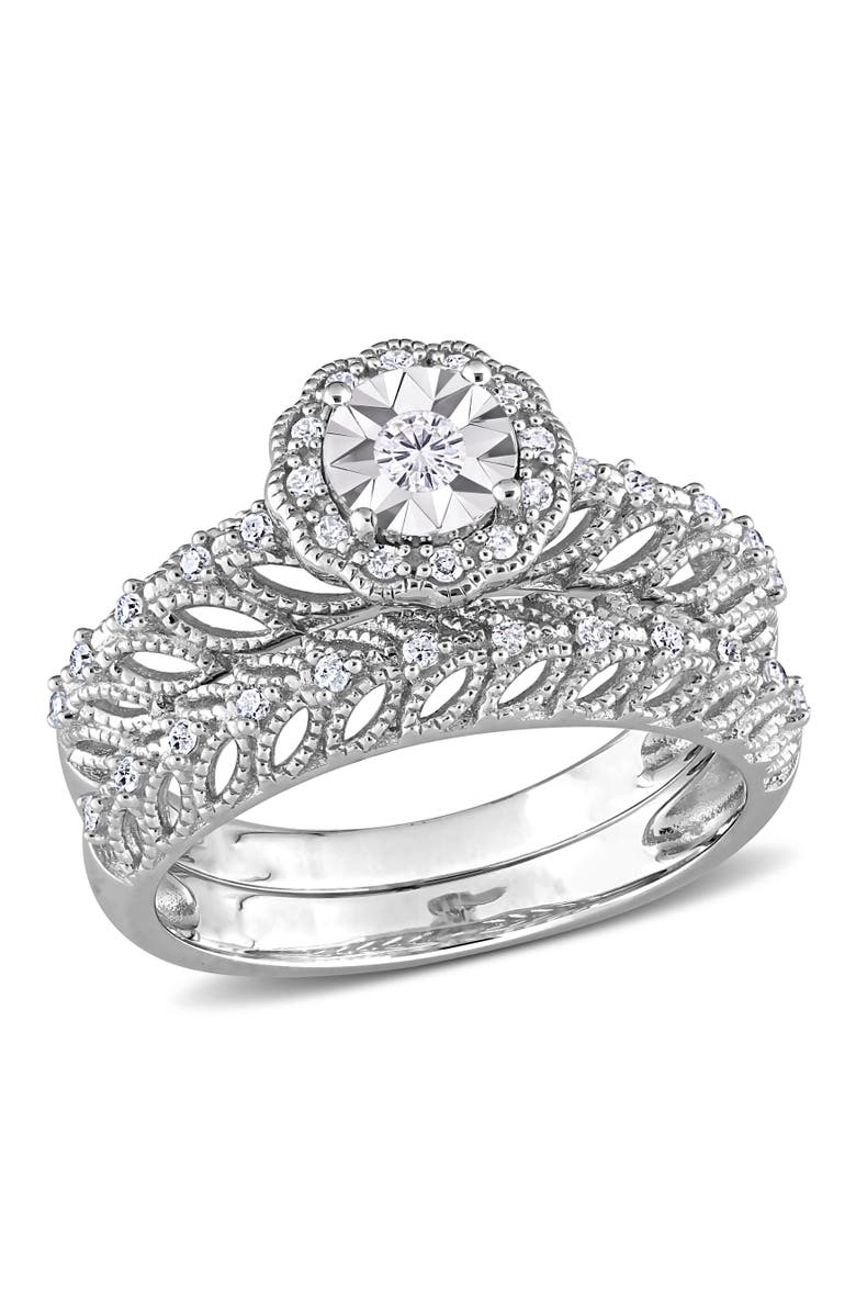 Julianna B. Diamond Floral Halo Bridal Ring Set, Main, color, Sterling Silver