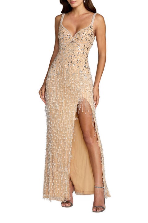 Thin Strap V-Neck Fringe Beaded Mesh Gown
