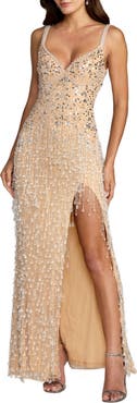 Mac Duggal Thin Strap V-Neck Fringe Beaded Mesh Gown