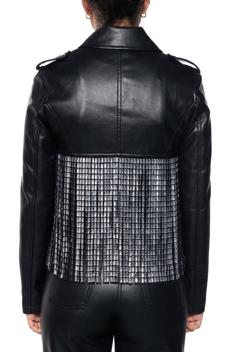 AZALEA WANG Super Rhinestone Fringe Belted Faux Leather Crop Moto Jacket, Alternate, color,