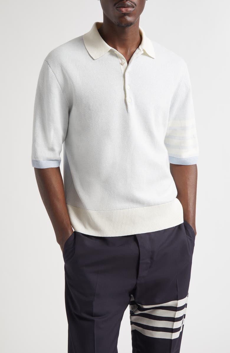Thom Browne Relaxed Fit 4-Bar Textured Stripe Linen & Cotton Polo Sweater, Main, color, Light Blue