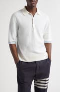 Thom Browne Relaxed Fit 4-Bar Textured Stripe Linen & Cotton Polo Sweater