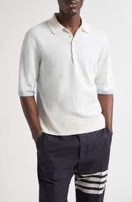 Thom Browne Relaxed Fit 4-Bar Textured Stripe Linen & Cotton Polo Sweater