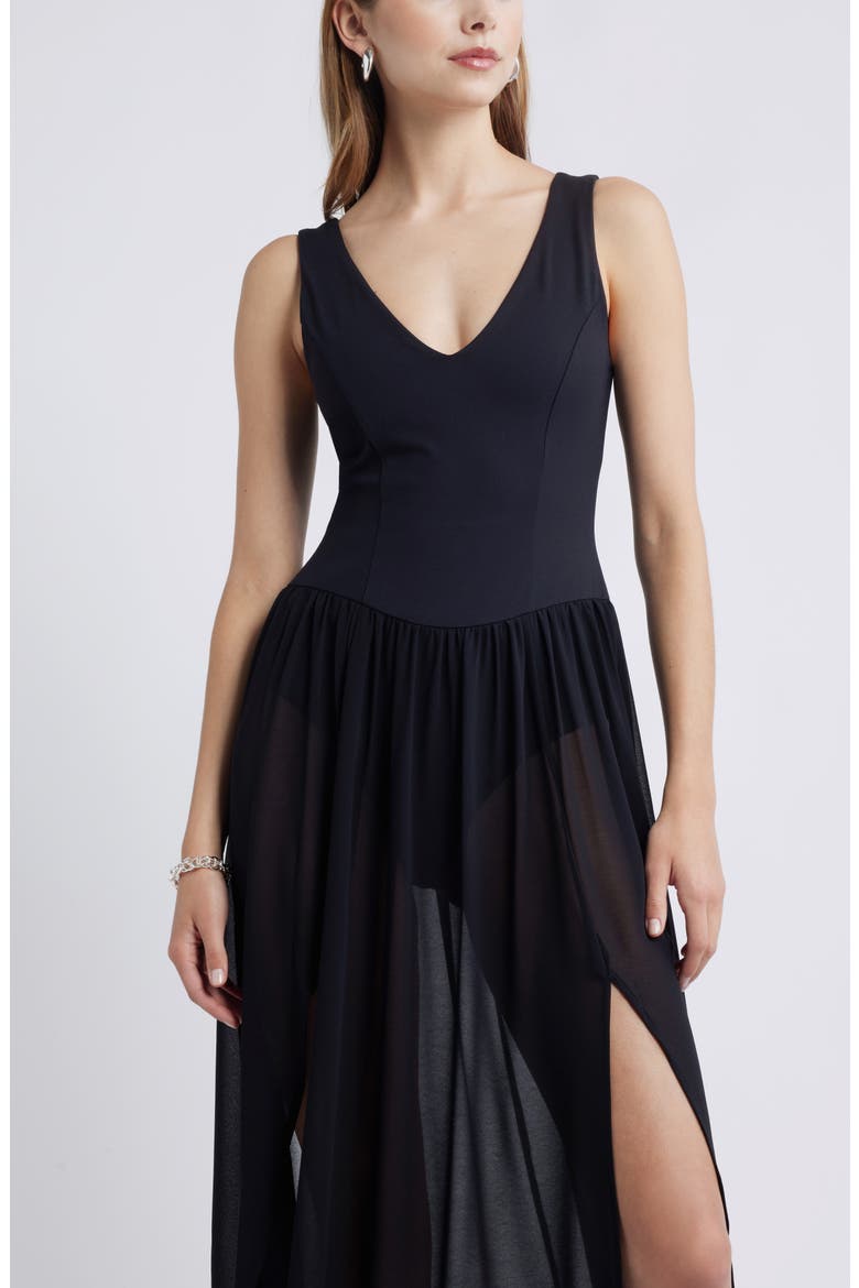 Mixed Media Side Slit Tank Dress, Alternate, color, BLACK