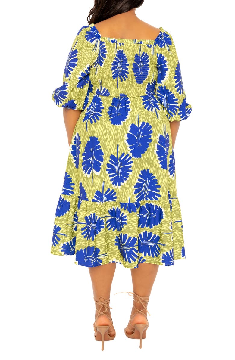 BUXOM COUTURE Print Smocked Midi Dress, Alternate, color, 