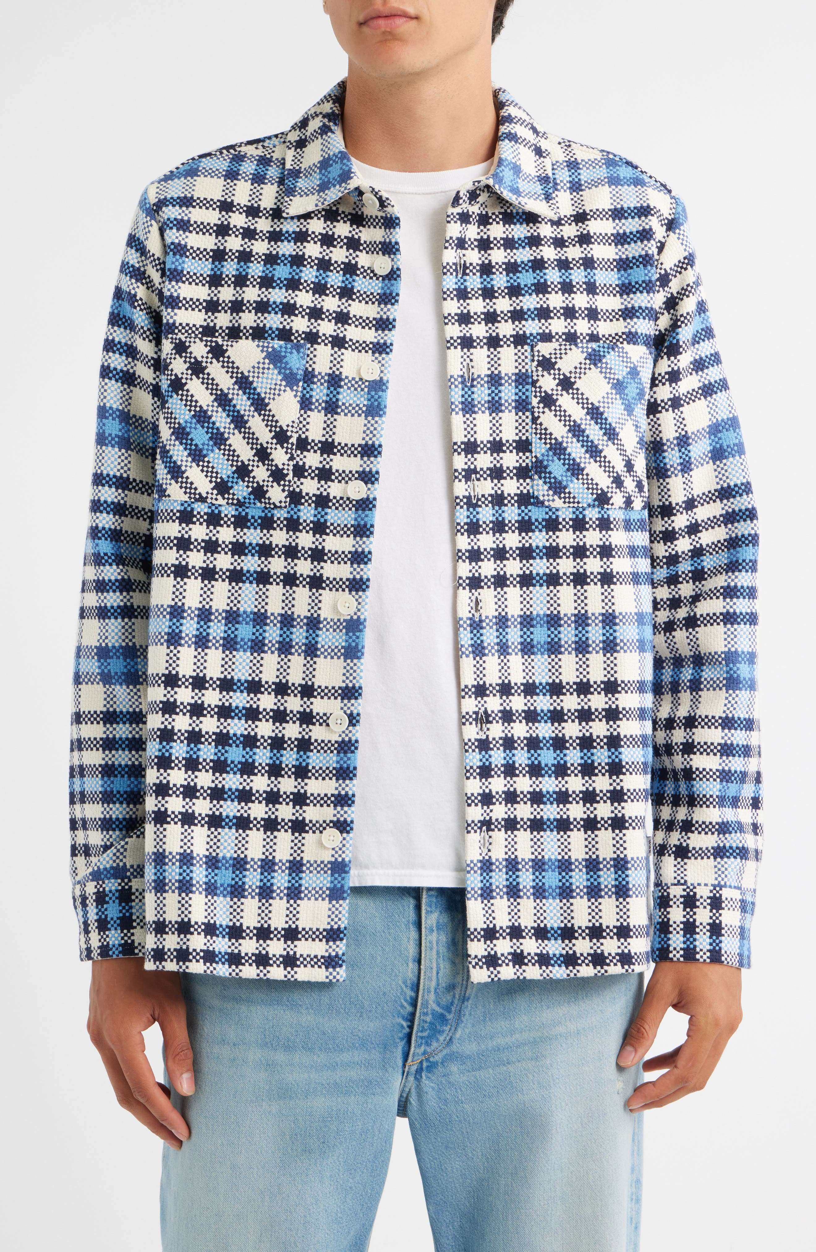 Wax London Whiting Strand Check Overshirt in Ecru /Blue 