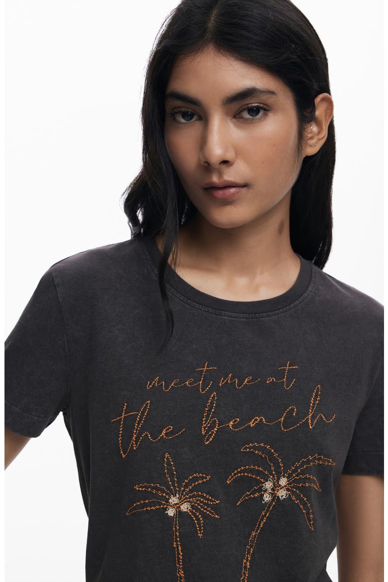 At the Beach Embroidered Cotton T-Shirt, Alternate, color, BLACK