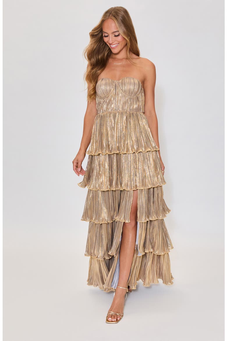 Gilded Age Metallic Plissé Tiered Strapless Gown, Alternate, color, GOLD