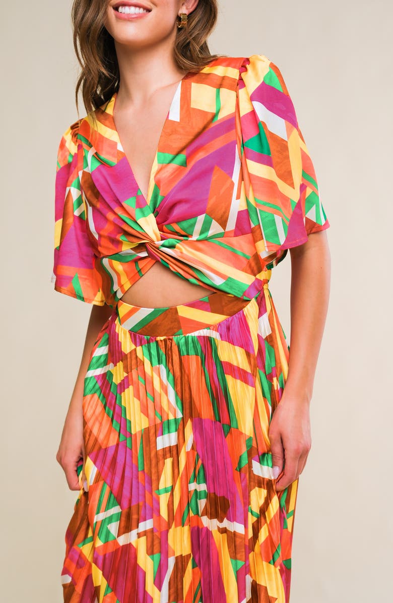 FLYING TOMATO Print Midi Dress, Alternate, color, Brown/ Fuchsia/ Green