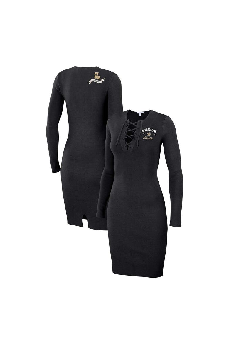Women's WEAR by Erin Andrews Black New Orleans Saints Lace Up Long Sleeve Dress, Main, color, Black
