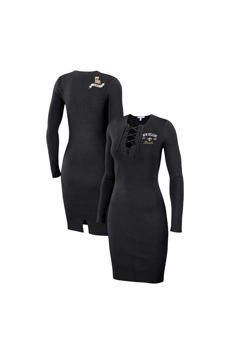 WEAR by Erin Andrews Women's WEAR by Erin Andrews Black New Orleans Saints Lace Up Long Sleeve Dress, Main, color, Black