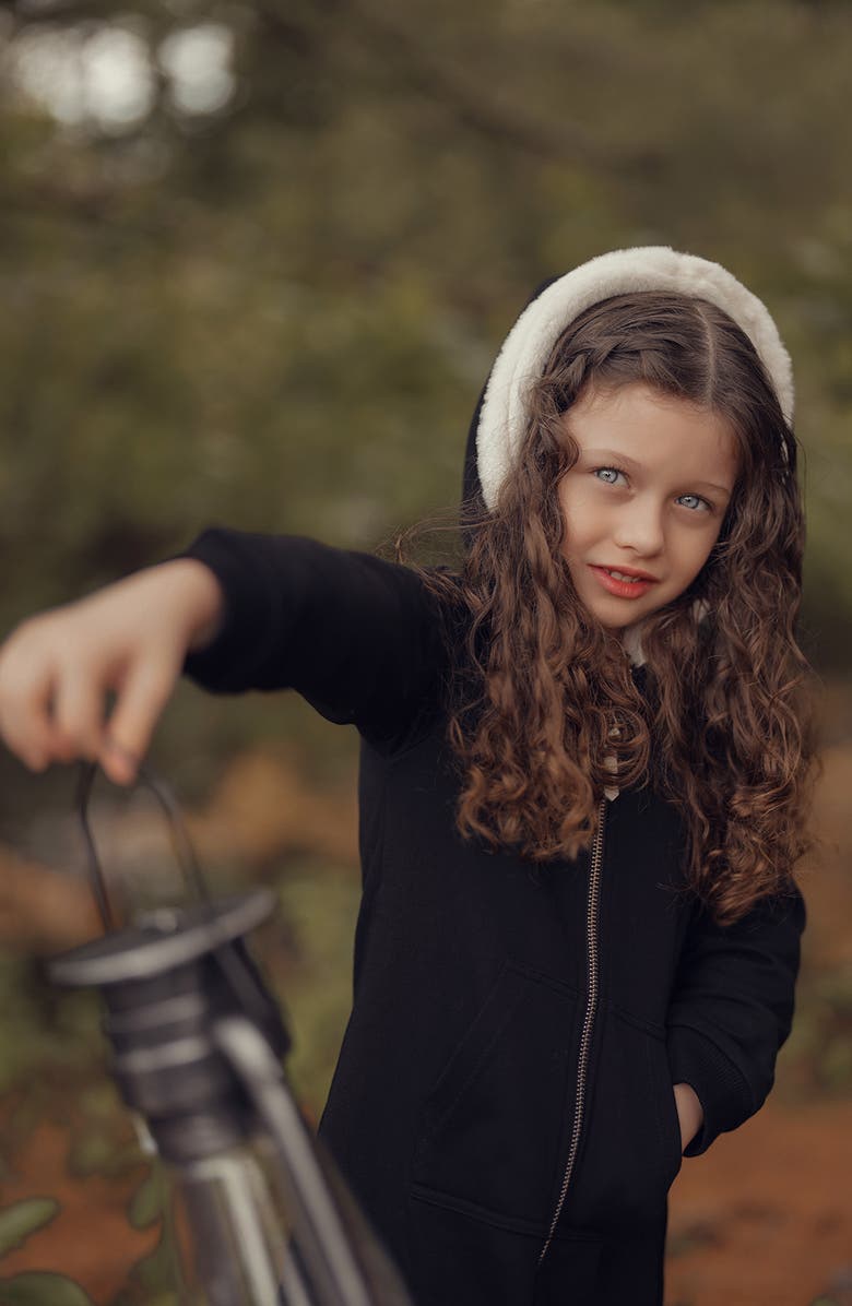 Manière Kids' Faux Fur Lined Zip-Up Hoodie Dress, Alternate, color, Black