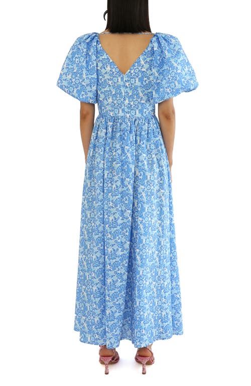 De Loreta Rococo Puff Sleeve Cotton A-line Maxi Dress In Blue