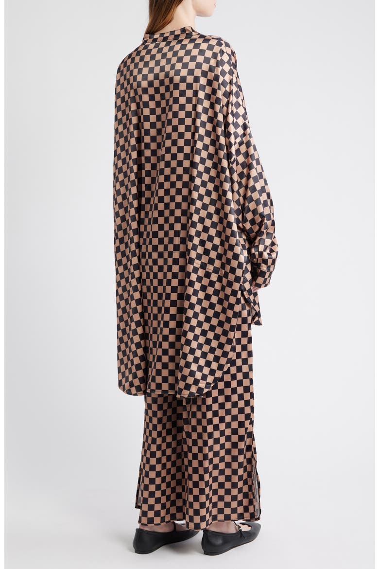 Iced Coffee Checkerboard Button-Up Satin Shirt & Pants Set, Alternate, color, ICED COFFEE