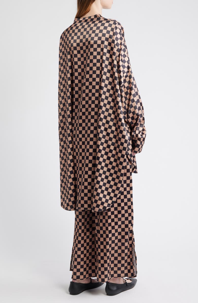 Dressed in Lala Iced Coffee Checkerboard Button-Up Satin Shirt & Pants Set, Alternate, color, Iced Coffee