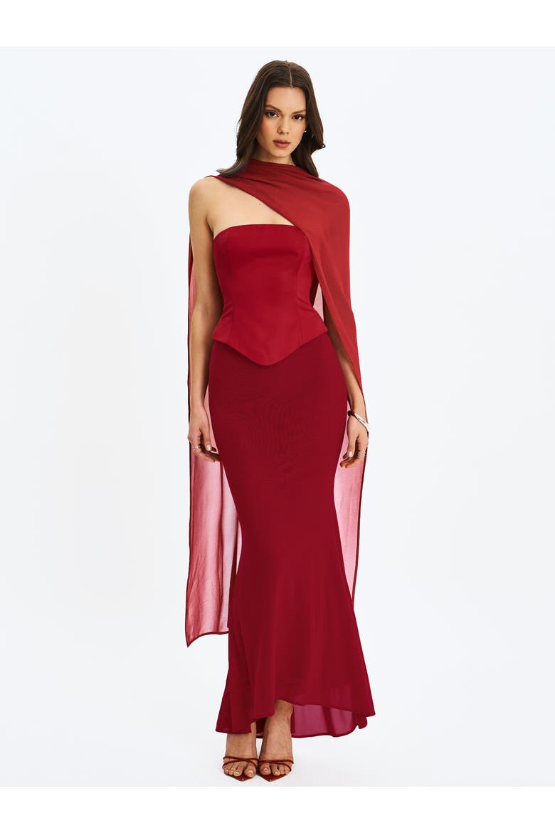 Giselle Peplum Mermaid Gown with Chiffon Scarf, Main, color, Crimson