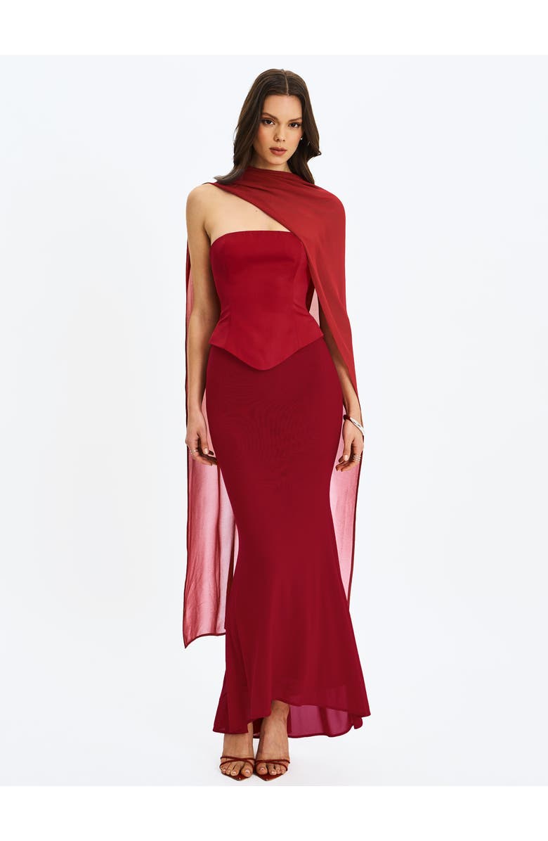 Miss Circle Giselle Peplum Mermaid Gown with Chiffon Scarf, Main, color, Crimson