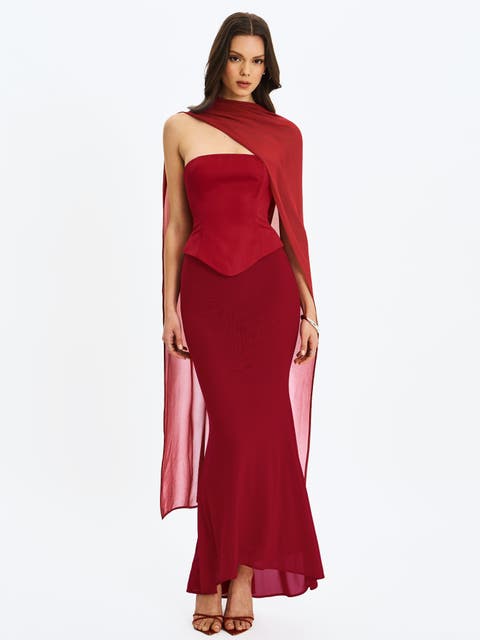 Giselle Peplum Mermaid Gown with Chiffon Scarf