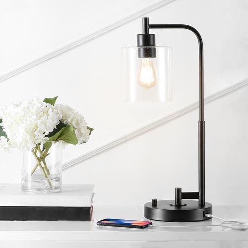 Jonathan Y Axel Modern Glass Farmhouse Industrial Usb Charging Led Task Lamp In Black