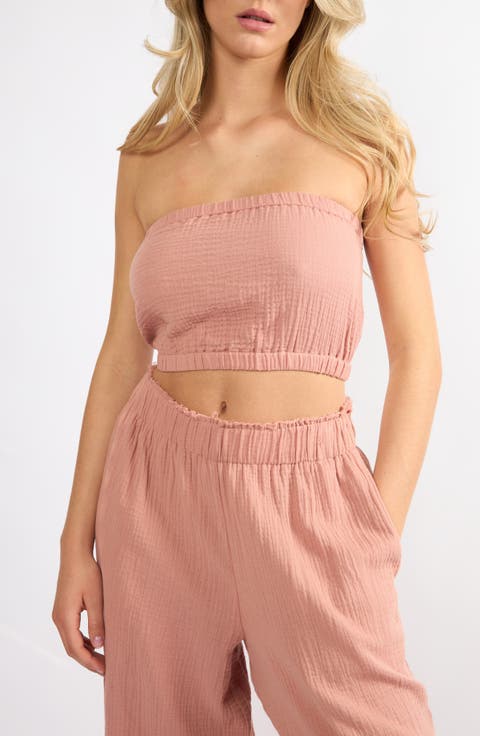 Crinkle Strapless Cotton Gauze Crop Top