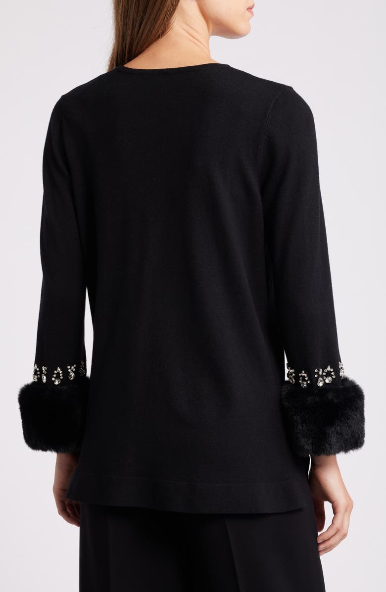 Anne Klein Crystal & Faux Fur Trim Tunic Sweater, Alternate, color,
