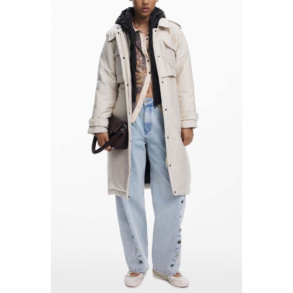 Desigual Belted Trench Coat With Removable Hooded Bib In Neutral