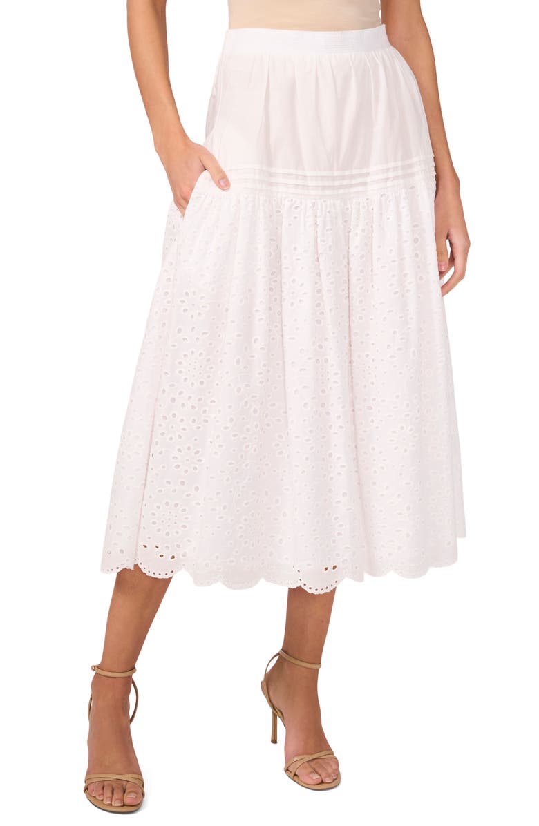 1.STATE Eyelet Embroidery A-Line Cotton Skirt, Main, color, Ultra White