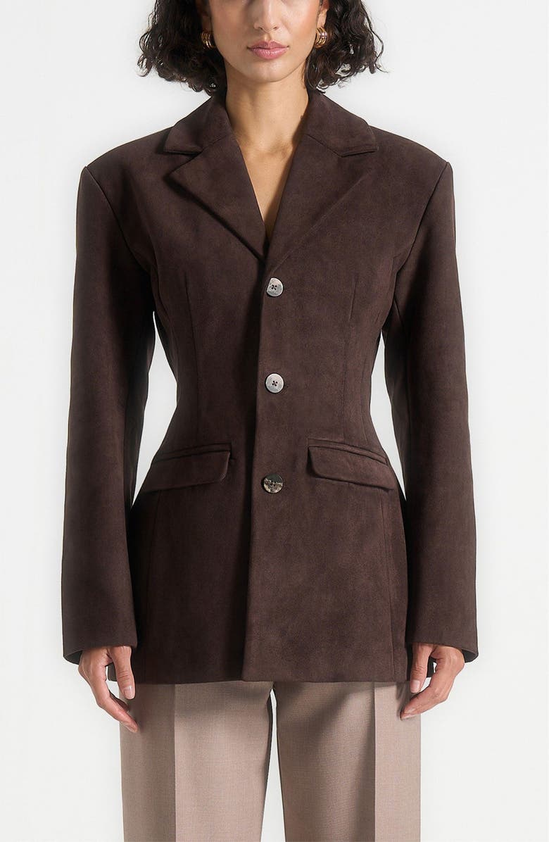 Manière De Voir Claire Suede Wide Shoulder Cinch Waist Blazer, Alternate, color, Brown