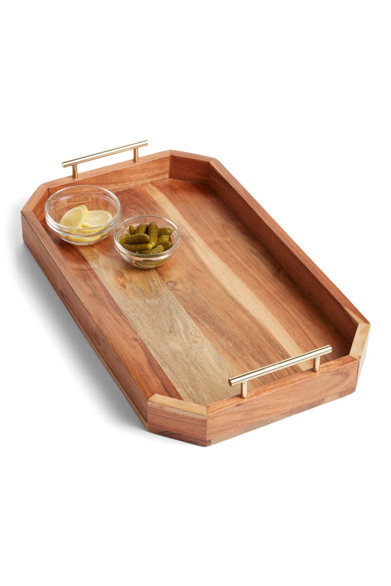 Angled Wooden Serving Tray, Main, color, BROWN