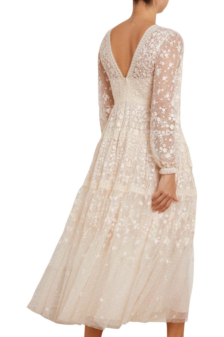 Celestia Ribbon Long Sleeve V-Neck Gown, Alternate, color, Champagne