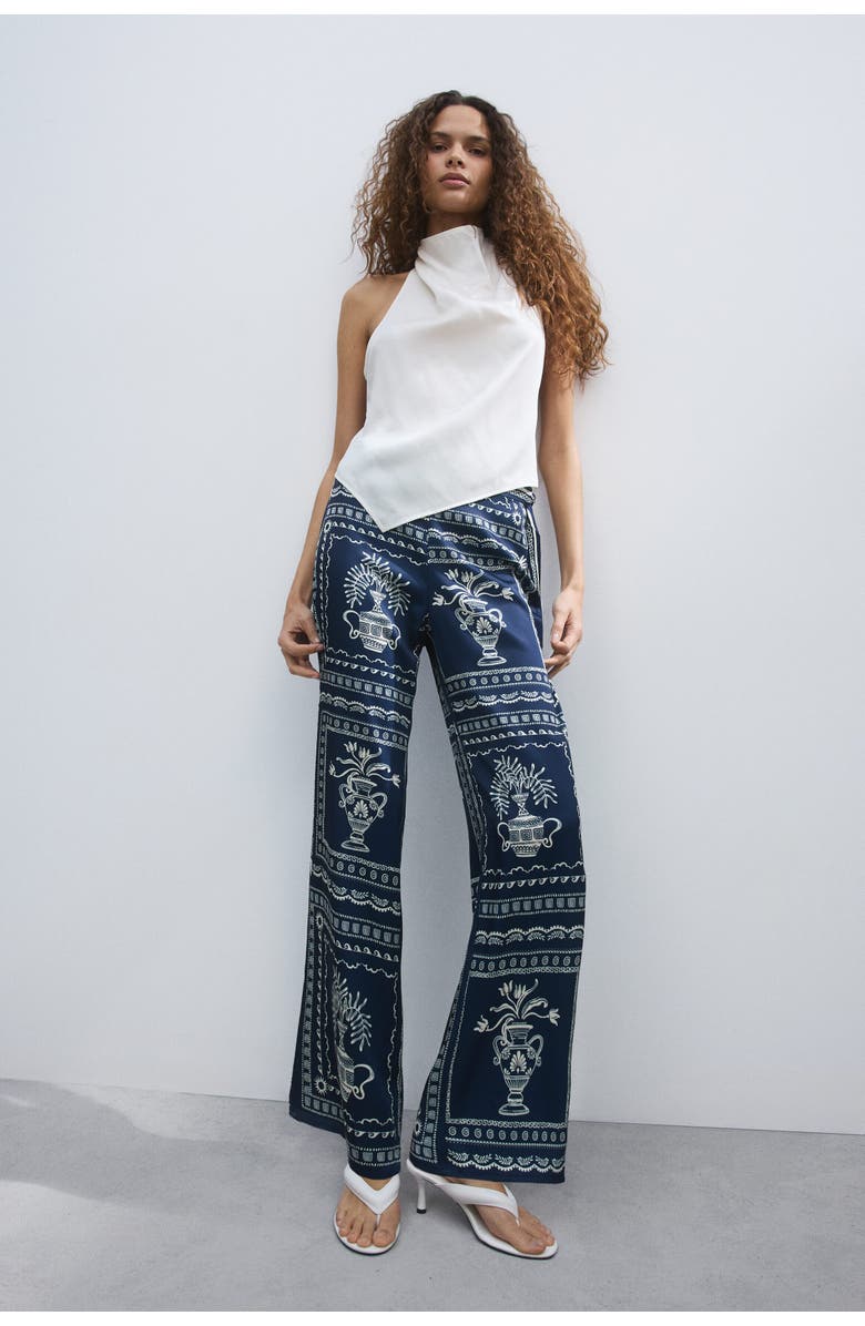 H&M Printed Tie-detail Trousers, Alternate, color, Dark Blue/Flowers