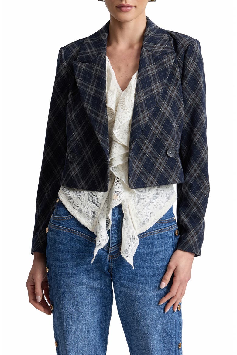 Plaid Double Breasted Cropped Blazer, Alternate, color, NAVY PLAID ARGYLE