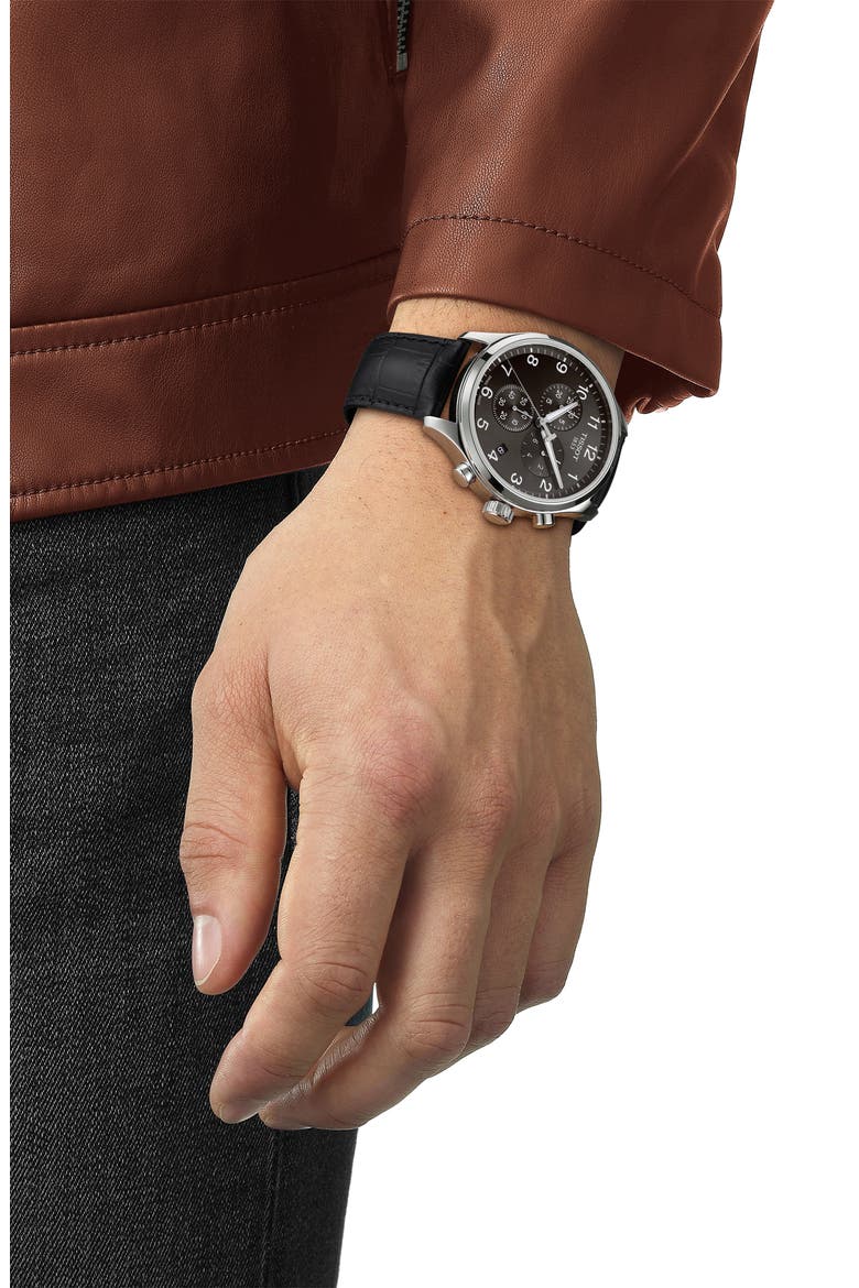 Chrono XL Collection Chronograph Leather Strap Watch, 45mm, Alternate, color, BLACK/ SILVER