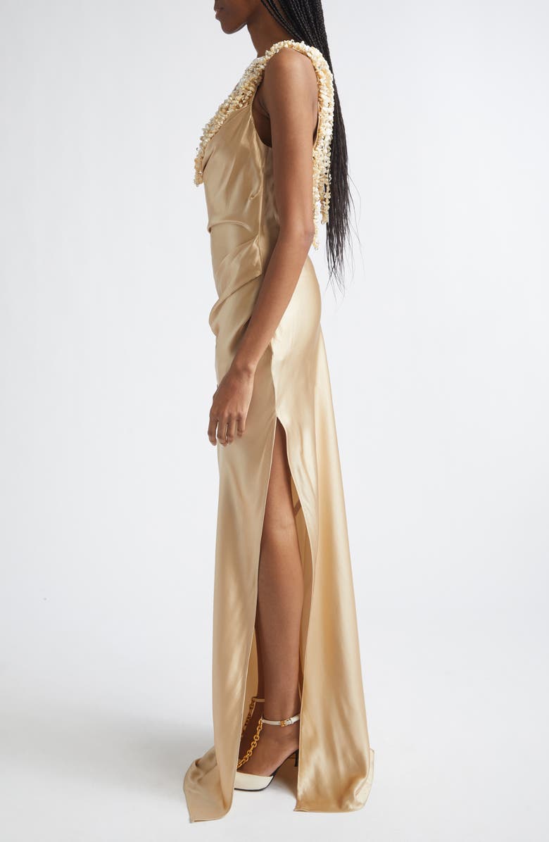 Balmain Shell Garland Draped Silk Gown, Alternate, color, Gold/ Beige