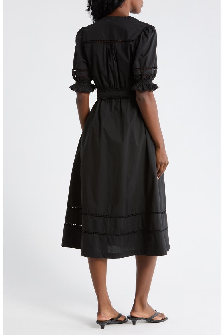 Rickrack Trim Puff Sleeve Cotton Poplin Dress, Alternate, color, BLACK