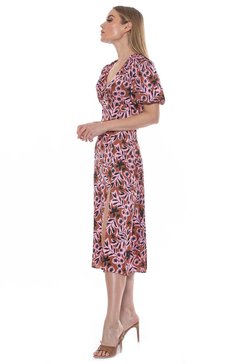 Alexia Admor V-Neck Puff Sleeve Midi Dress, Alternate, color, Brown Floral