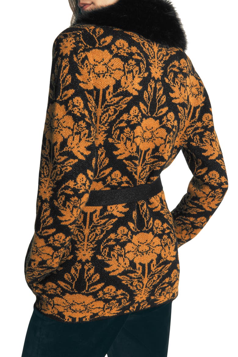 Faux Fur Collar Belted Cardigan, Alternate, color, METALLIC BLACK GOLD JACQUARD