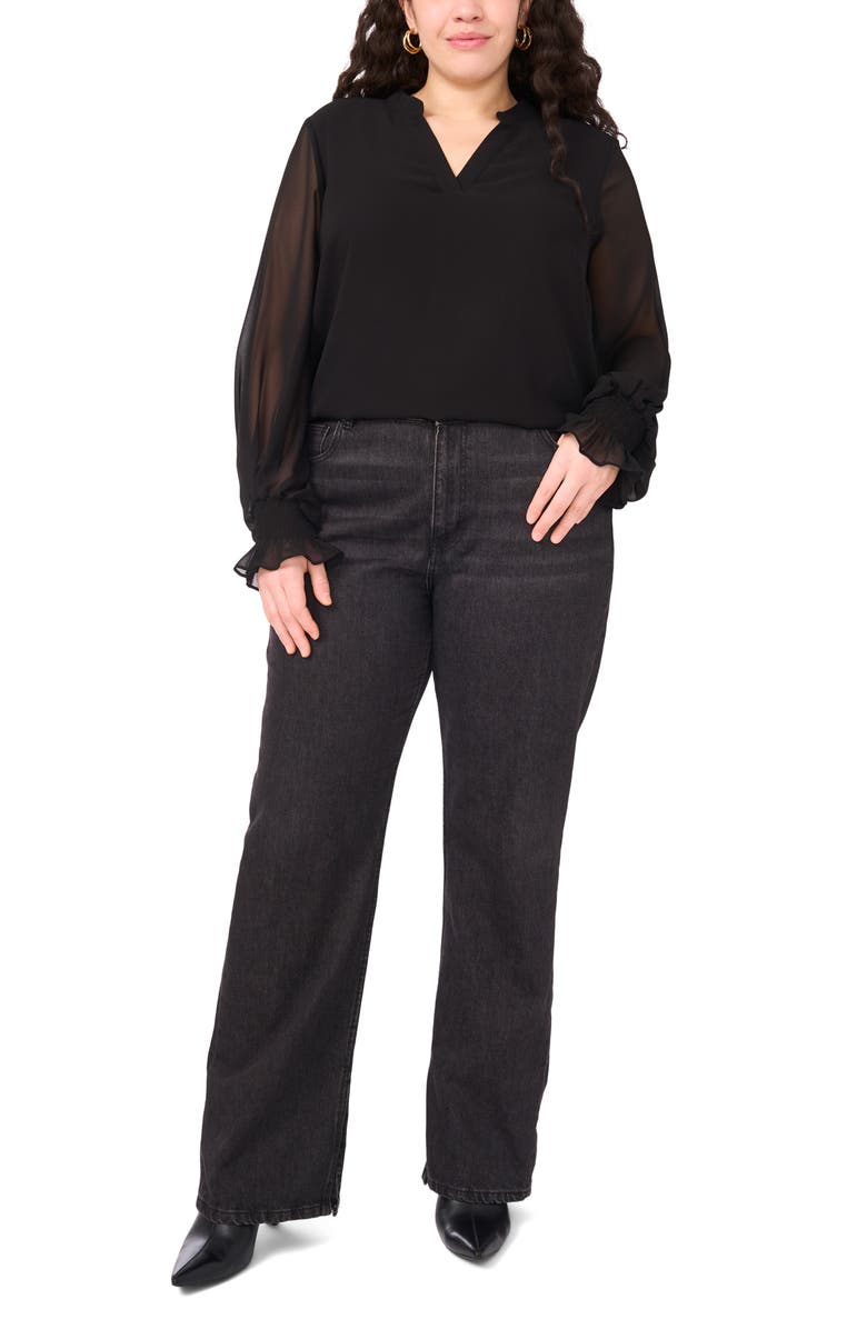 Vince Camuto Split Neck Sheer Long Sleeve Chiffon Top, Alternate, color, Rich Black