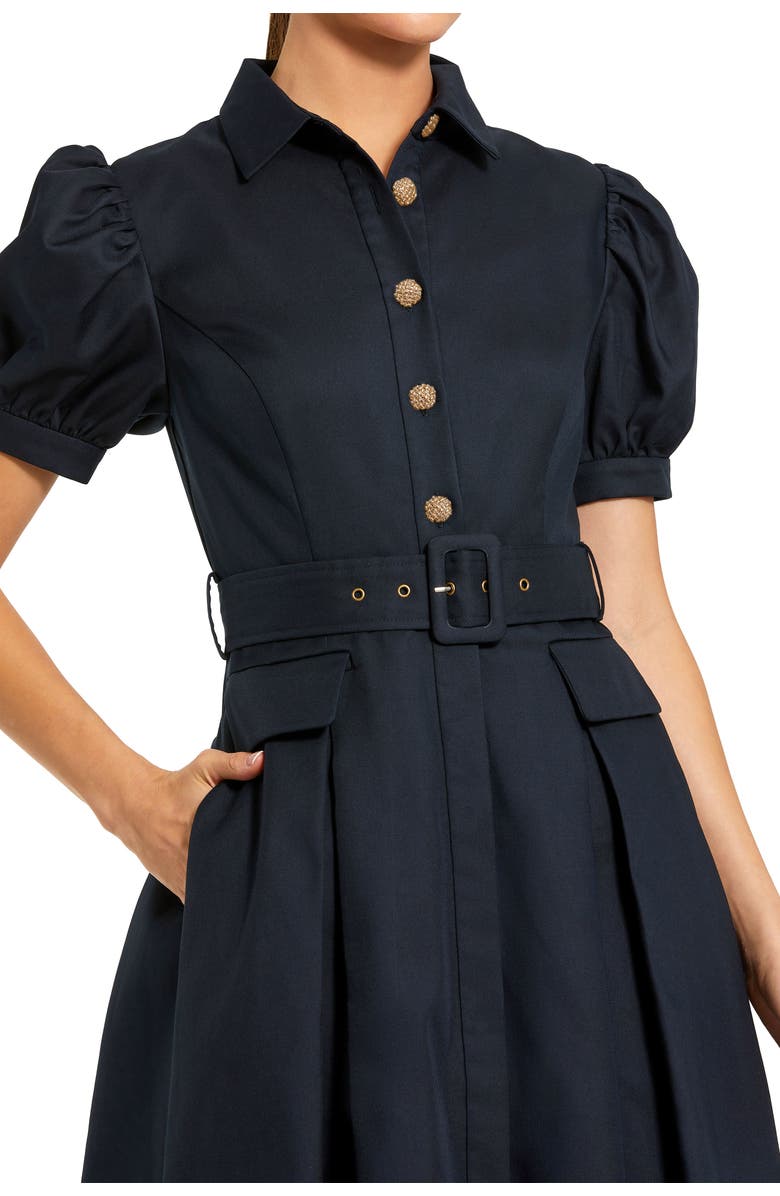 Mac Duggal Puff Sleeve Twill Button Up Midi Dress With Belt, Alternate, color, Midnight