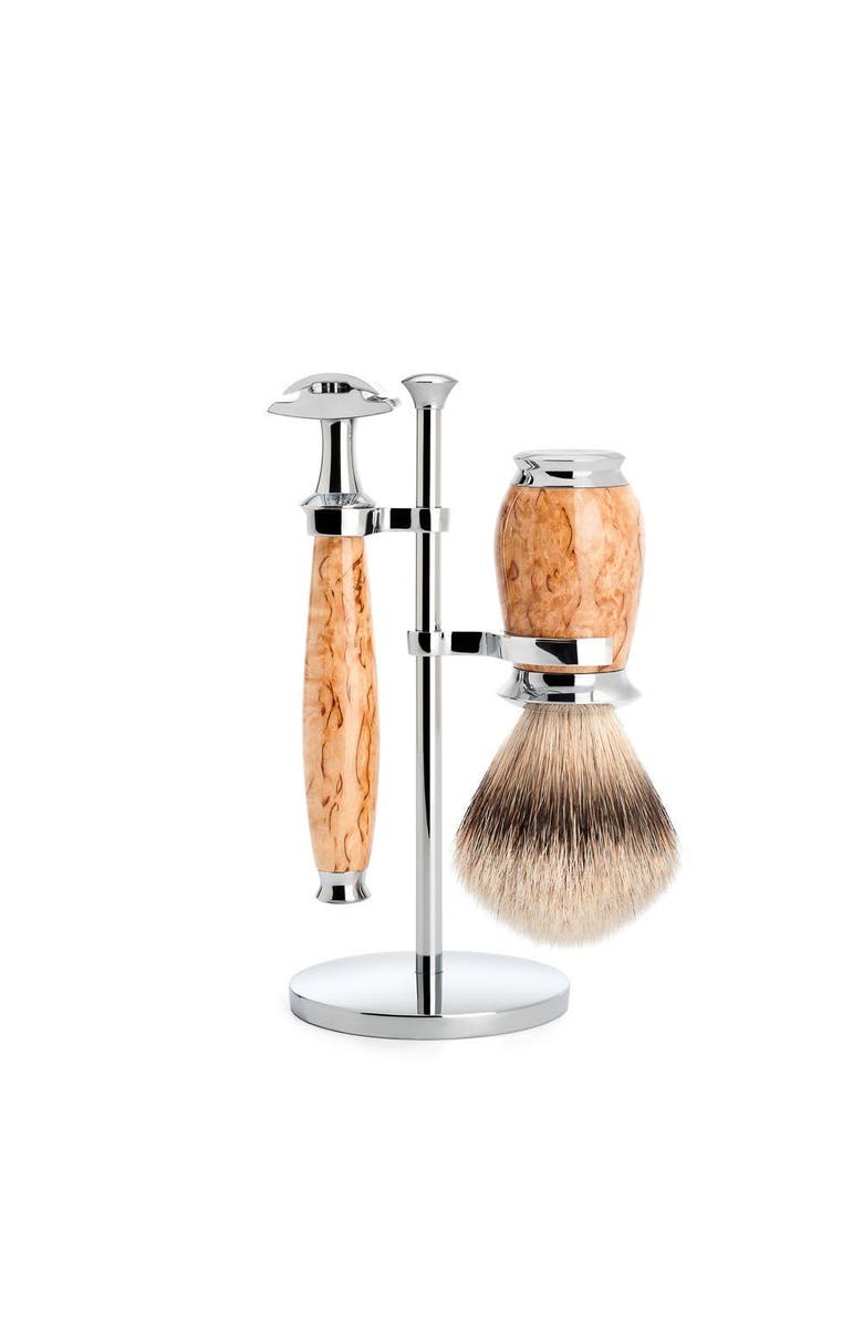 MÜHLE Purist Karelian Masur Birch 3-Piece Silvertip Badger & Safety Razor Shaving Set, Main, color, Masur Birch